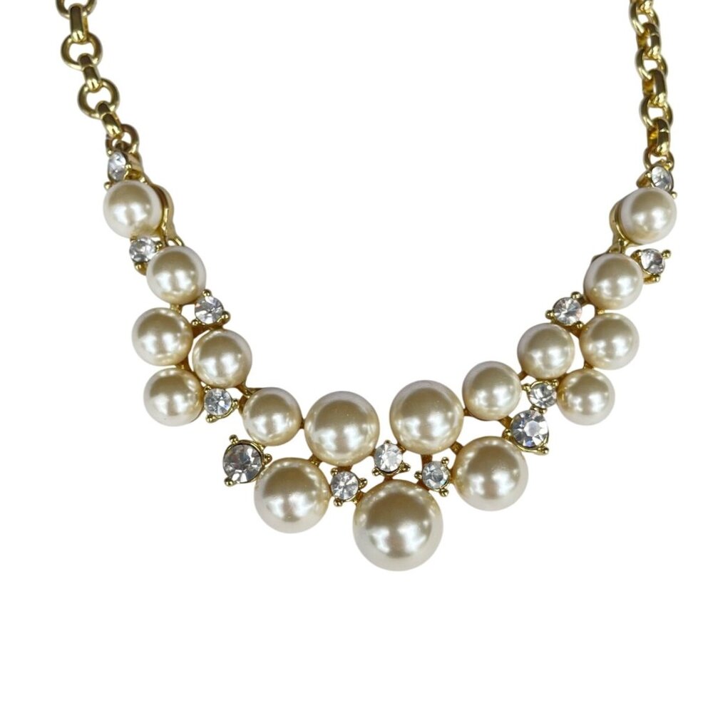 Anne Klein Pearl Crystal Rhinestone Statement Necklace Goldtone 21" Party Prom